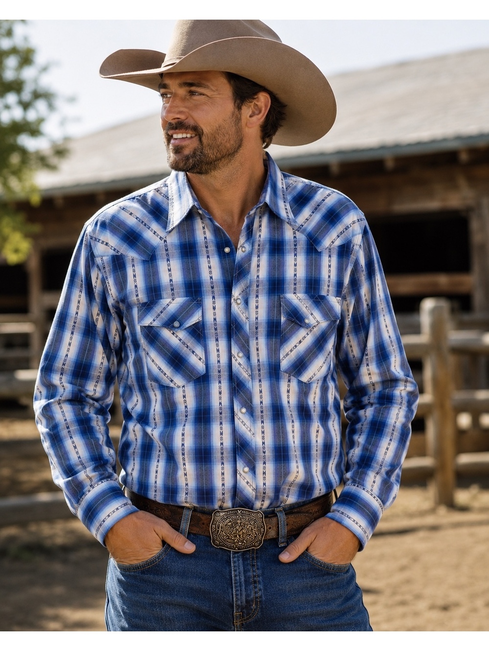 Wrangler Men’s Large Blue Plaid Western Pearl Snap Cowboy Rodeo Shirt
